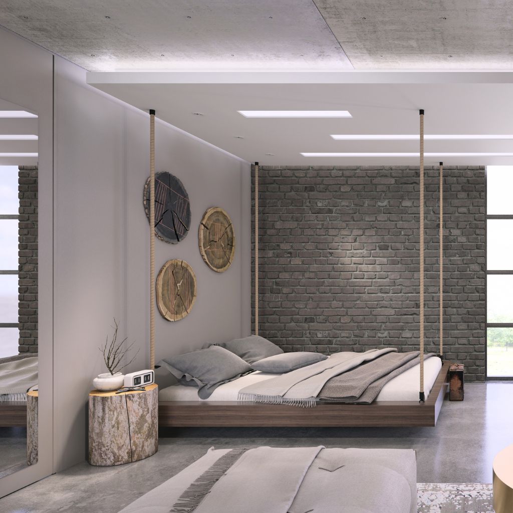 Camera da letto moderna con parete in mattoni grigi, letto sospeso, decorazioni rotonde in legno sulla parete e illuminazione a led incassata nel soffitto.