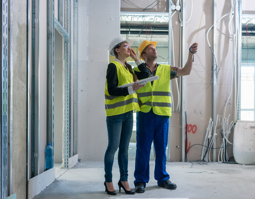 Lavoratori edili discutono su un sito per valutare una ristrutturazione .